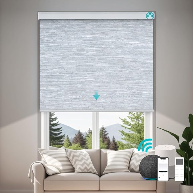 Motorized Blinds with Remote, Custom Automatic Electric Blackout Smart Blinds for Windows, Motorized Window Roller Shades Compatible with Alexa Google for Home Office, Texture Grayish-Blue
