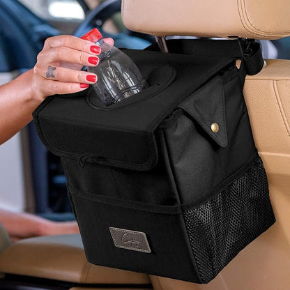 Creathing Car Trash Can [Touring Edition] - Removable Liner - 100% Leakproof, Odor Control Lid, Hanging Garbage Bin for SUV, Truck, Car (2 Gal, Black)