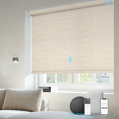 Motorized Blinds Compatible with Alexa Google 100% Blackout Smart Blind Automatic Window Roller Shades Remote Control Custom Size Jacquard Beige