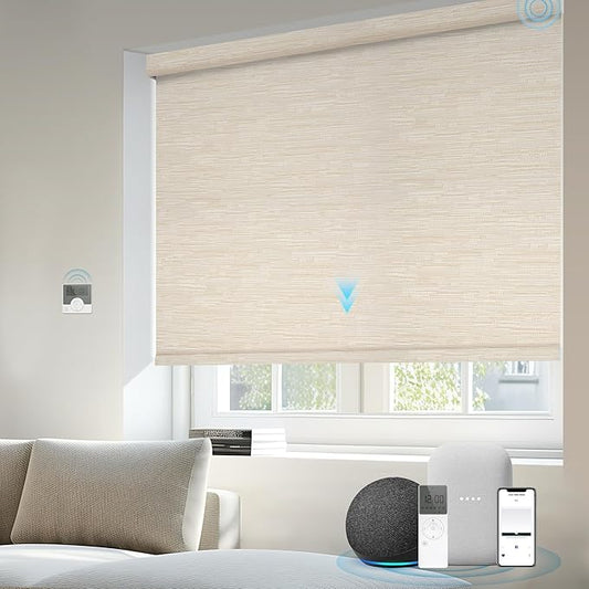Motorized Blinds Compatible with Alexa Google 100% Blackout Smart Blind Automatic Window Roller Shades Remote Control Custom Size Jacquard Beige