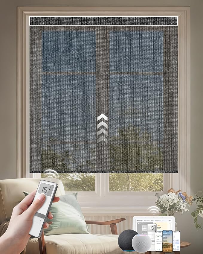 Kincmo Motorized Blinds with Remote, Light Filtering Roller Shades Work with Apple Homekit,Alexa,Google Home, Custom Electric Blinds with App,Voice Control (50% Blackout Sheer Black)