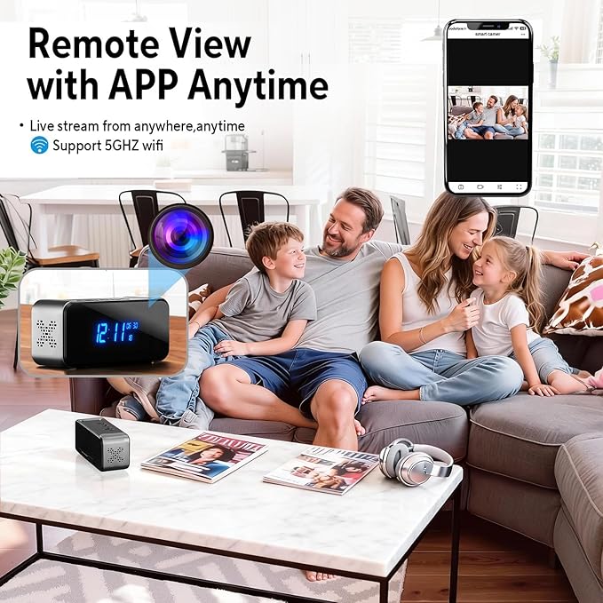 Hidden Camera with Alarm Clock & Bluetooth,Ultra 4K HD Wireless Indoor Camera for Home Security,WiFi Mini Nanny Cam with Night Vision,Motion Detection,Remote Live Stream