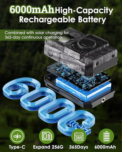 MAXDONE Solar Trail Camera WiFi Bluetooth - 4K 64MP Game Camera with 6000mAh Battery, Rechargeable Trail Cam with Night Vision Motion Activated IP66, Wildlife Cameras Deer Cams for Outdoor Backyard