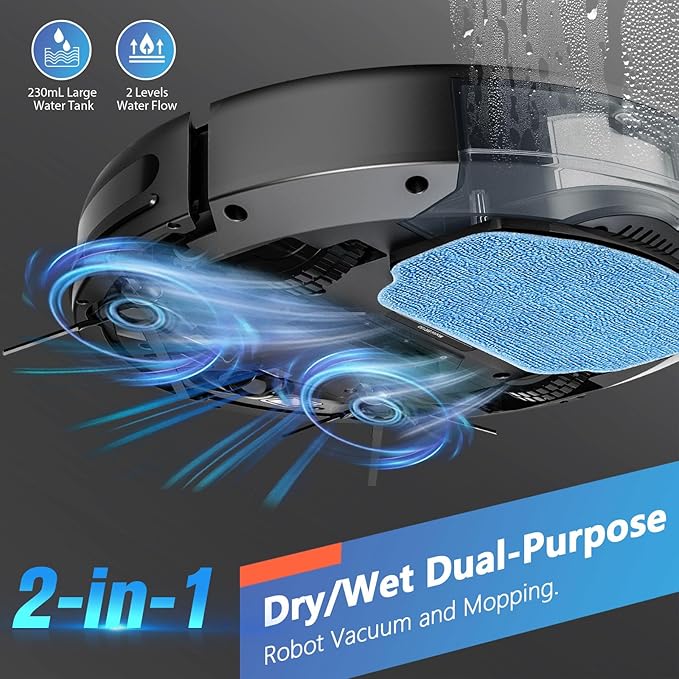 Robot Vacuum and Mop Combo, 2 in 1 Robotic Vacuum Cleaner with Schedule, App/Alexa/Voice Control, Slim 2.87", Self-Charging, Strong Suction & Long Runtime, Ideal for Hard Floor, Pet Hair, Carpet