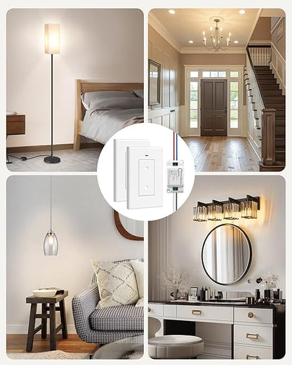 3 Way Wireless Light Switch and Receiver Kit, WILAWELS Wireless Light Switch with 2 Receivers for Ceiling Light, Fan, Lamp, Moveable, 100FT RF Range, No Wiring, No Interference W06RC2106