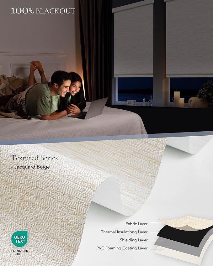 Motorized Blinds Compatible with Alexa Google 100% Blackout Smart Blind Automatic Window Roller Shades Remote Control Custom Size Jacquard Beige