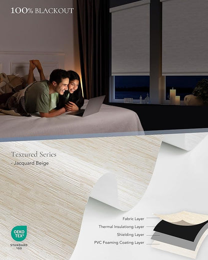 Motorized Blinds Compatible with Alexa Google 100% Blackout Smart Blind Automatic Window Roller Shades Remote Control Custom Size Jacquard Beige