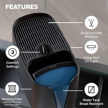 Honeywell Cool Moisture Humidifier For Bedroom, Medium Rooms, 1.1 Gallon, Invisible Moisture Humidifier for Baby, Kids, Quiet, Easy to Clean, UV Technology, Black, HCM350B