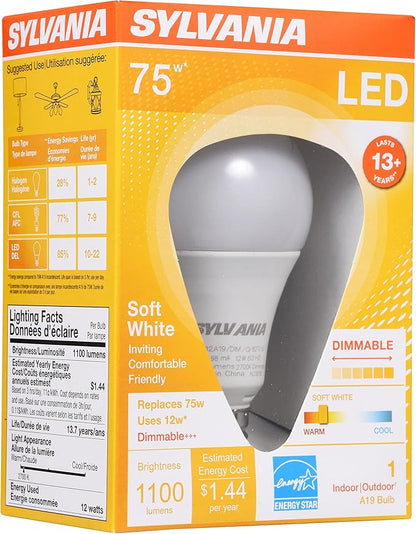 Sylvania A19 LED Light Bulb, 12W, 75W Equivalent, 13 Years, Dimmable, 1100 Lumens, 2700K, Soft White - 1 Pack (74685)