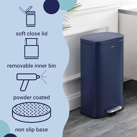 happimess Curtis 8 Gal Step Trash Can Soft Close 25", Denim Blue