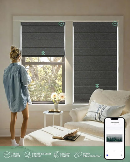 Yoolax Motorized Roman Shades with Remote, Smart Roman Shades for Windows, Blackout Automatic Blinds Work with Alexa, Google Home, Apple Homekit for Living Room Bedroom, Customized (Rock Stripe)