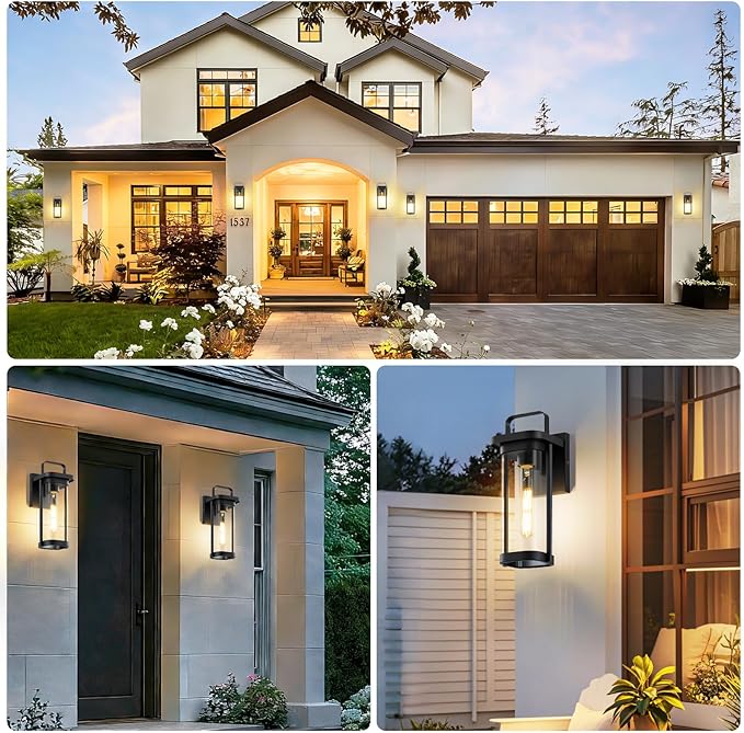 2-Pack Outdoor Wall Lights, Porch Lights, Waterproof Outdoor Wall Sconce Lanterns, 13.5" Exterior Lighting Fixtures Matte Black with Clear Glass Shade for House Patio Garage Doorway Entryway