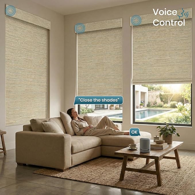 Motorized Roman Woven Woods Shades Work with HomeKit/Alexa/Google Home, Cordless Motorized Roman Shades,Electric Roman Blinds Custom Size,Crocheting Pale