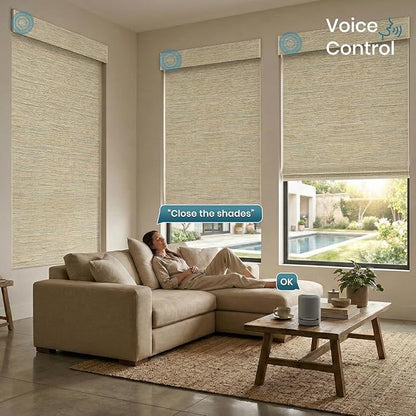 Motorized Roman Woven Woods Shades Work with HomeKit/Alexa/Google Home, Cordless Motorized Roman Shades,Electric Roman Blinds Custom Size,Crocheting Pale
