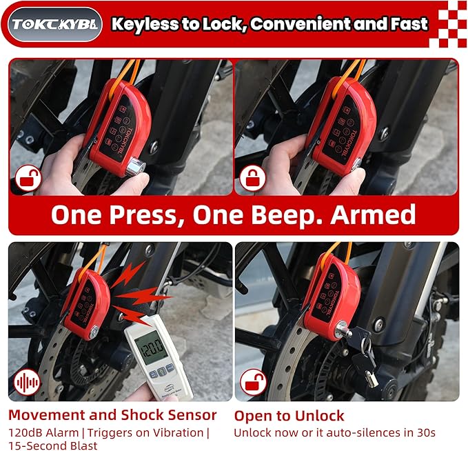 Rechargeable Motorcycle Disc Lock with 120dB Alarm, 5FT Reminder Cable with Anti-Theft Helmet Lock Cable, IP67 Waterproof, Universal Fit for Motorcycle Bike Scooter Ebike