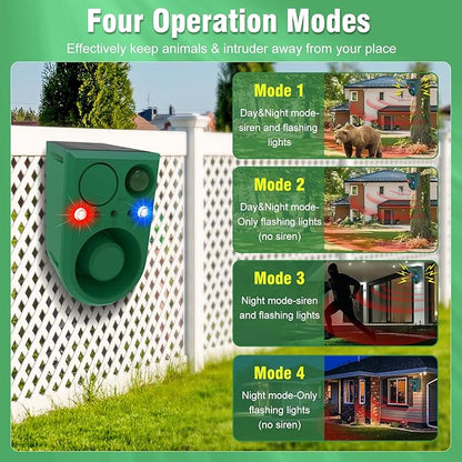 ChunHee Solar Outdoor Motion Sensor Alarm with 3Volume Control & Voice Recording, 129dB Loud Dog Barking Alarm with Red & Blue Strobe Light Noise Maker 4Work Modes for Chicken coop, Garden, Farm, Home