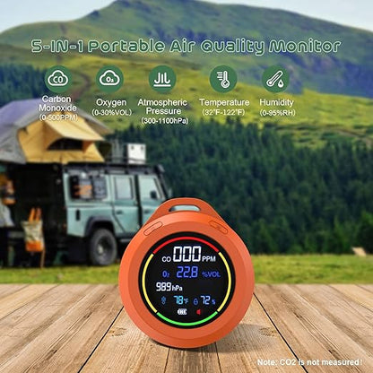 Oxygen Detector, SQECH 5-in-1 Rechargeable Oxygen Monitor Measures CO/O2/Temperature/Humidity/Atmospheric Pressure, Portable Oxygen Meter with Alarm & Color Backlight, for Home, Camping, RV, Travel