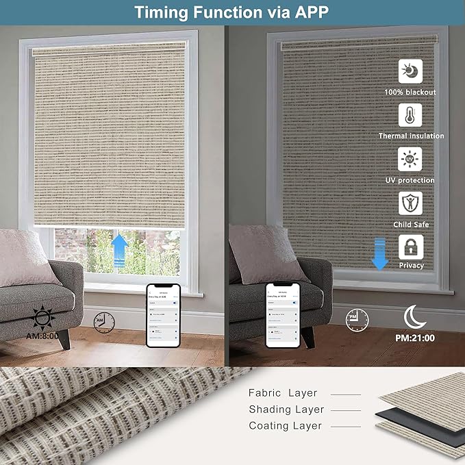 Bringnox Motorized Blinds with Remote,100% Blackout Smart Roller Blinds Compatible with Apple Homekit Google Home and Alexa Via HUB,and Customized (Safari Biscuit-20)