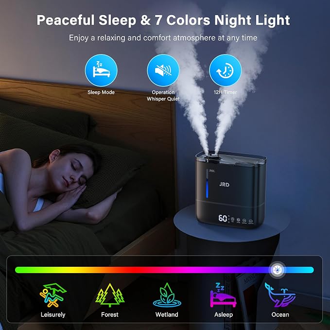 JRD Top Fill 4L Humidifiers for Bedroom, Cool Mist Humidifiers for Large Room, 40H Runtime, 360° Nozzle, Essential Oil Diffuser, Ultrasonic Humidifier for Home Baby Plants-Black