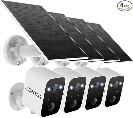 Defender Solar Powered 4K/8MP AI Everwatch Wireless Outdoor Security Camera, 4 Pack, Battery Powered, AI Tracking, Color Night Vision, Spotlight/Siren, IP66 Rated, Two-Way Talk, No Monthly Fees