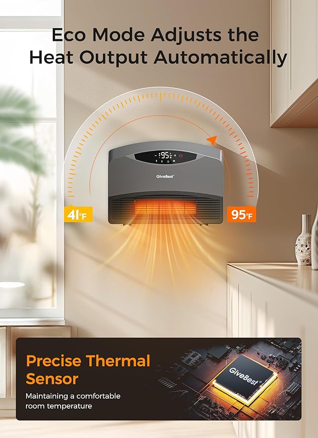 GiveBest Smart Wall Heater for Indoor Use, 1500W Electric Space Heater, Works with Alexa, Adjustable Thermostat, Remote Control, 24H Timer, Easy-mounted Heater for living Room Bedroom Office Garage