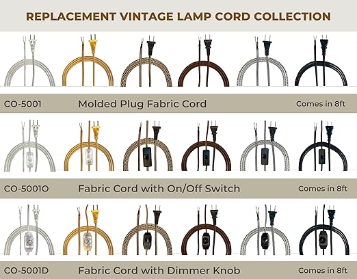 Royal Designs, Inc. Lamp Cord Molded Plug with Dimmer Switch, Stripped Ends Ready for Wiring, 8 ft Long, Gold, SPT-1 UL Listed, Set of 2 (CO-5001D-GL-8-2)