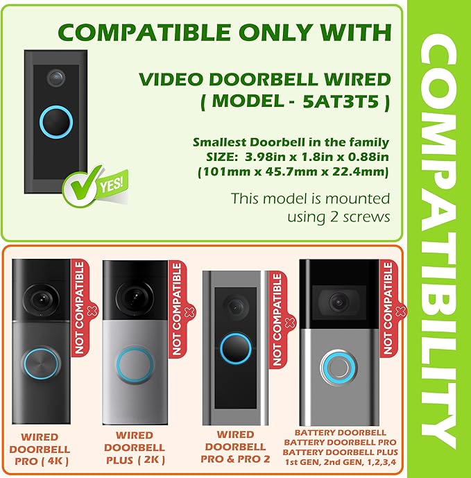 Non-Adhesive Wall Plate Compatible with Video Doorbell Wired (Model 5AT3T5) Mount Back-Plate Covers Holes Scratches Video Door Bell Backplate Camera Apartment