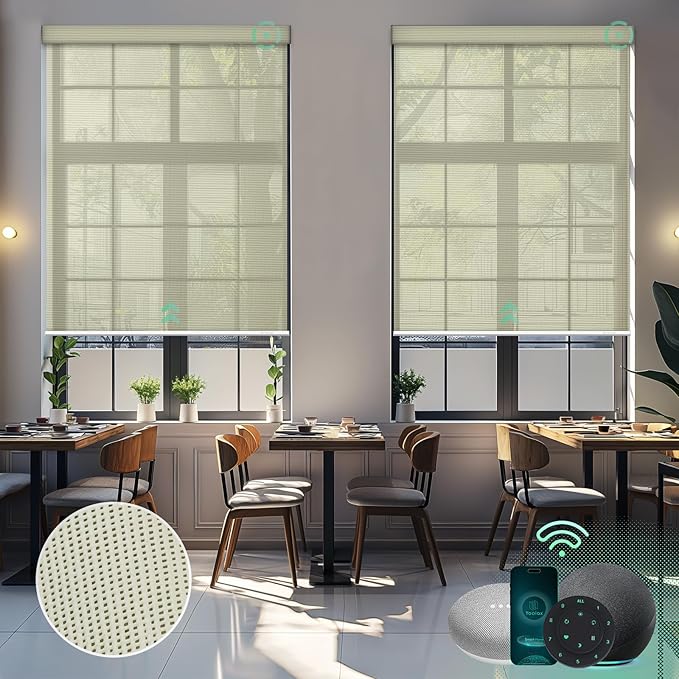 Yoolax Motorized Solar Shades Light Filtering Motorized Blinds with Remote Smart Blinds Compatible with Alexa Flame Retardant Roller Shades for Windows Home Office Custom (14% Openness Golden Mesh)