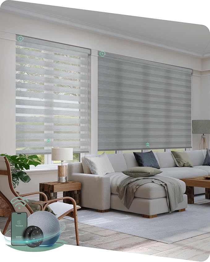 Yoolax Motorized Zebra Blinds Compatible with Alexa,Motorized Blinds with Remote Smart Automatic Custom Electric Window Blinds Cordless Indoor Light Filtering for Home Bedroom Kitchen (Sheer Gray)