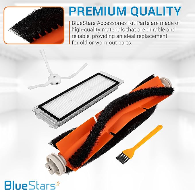 BlueStars Replacement Parts for Roborock S6 Pure S6 E4 S4 S4 Max S5 S5 Max E2 E3 E5 E20 E25 E35 S50 S65 C10 Xiaomi Mijia Robot Vacuums – 2 Roller Brushes, 4 Side Brushes, 4 Filters, Sweeping Brush