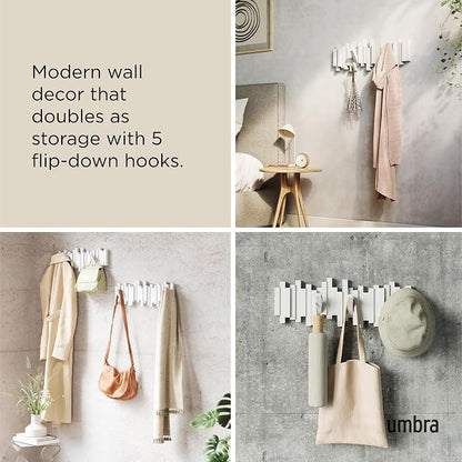 Umbra Sticks Wall Mount Coat Rack, 5 Hook Retractable Pegs, White | Mounting hardware included, sculptural modern design, entryway or bedroom use, recycled plastic