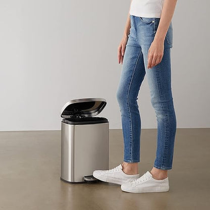 Amazon Basics SMALL Trash Can, 3.1 Gallon (12L), Smudge Resistant Rectangular Bin with Soft-Close Lid, Step Foot Pedal, Removable Inner Bucket, Brushed Stainless Steel, Satin Nickel Finish