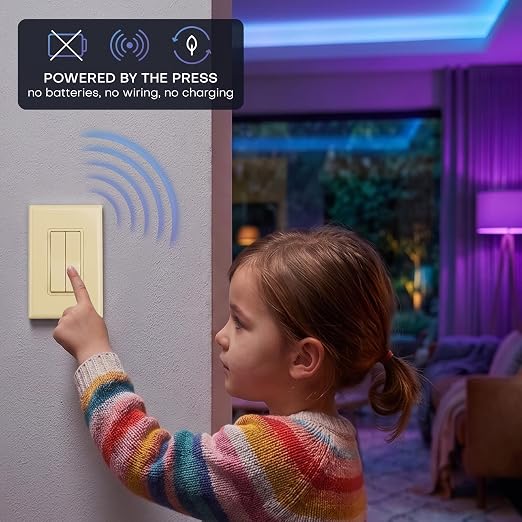 RunLessWire Click for Hue Battery-Free Wireless Smart Switch 2 Pack Ivory | Dimmable Kinetic Switch Pairs Natively to Philips Hue Bridge, 4 Programmable Buttons to Control Scenes & Areas, 100ft Range