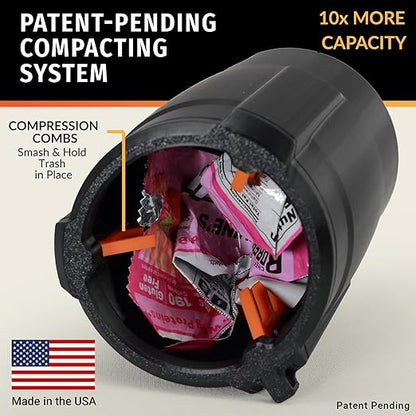 Trash Trapper Car Trash Can Cup Holder | Mini Car Trash Can | Fits in Most Doors | 5.1" x 2.9" | Traps More & Empties Less, Patent-Pending Compaction, Holds Weeks of Small Garbage, Black