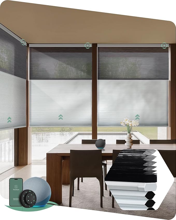 Yoolax Smart Motorized Day and Night Cellular Shades with Remote, Top Down Bottom Up Blinds Compatible with Alexa, Honeycomb Blinds (Black Light Filtering+White Blackout)