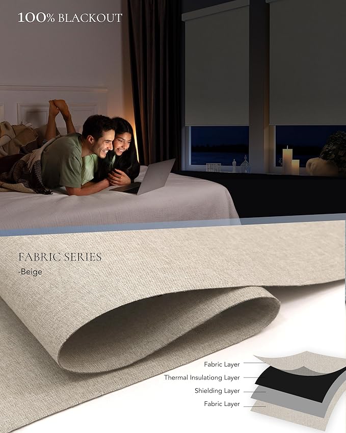 Motorized Blinds Compatible with Alexa Google Custom to 108" Width 100% Blackout Smart Blind Automatic Large Window Roller Shades Remote Control Fabric Beige