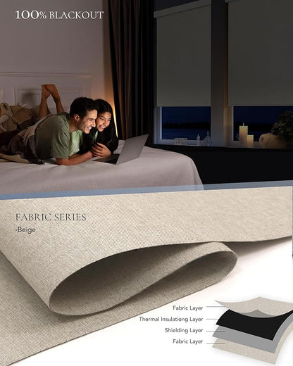 Motorized Blinds Compatible with Alexa Google Custom to 108" Width 100% Blackout Smart Blind Automatic Large Window Roller Shades Remote Control Fabric Beige