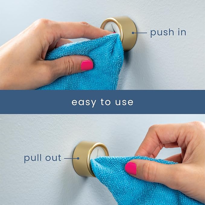 S&T INC. Adhesive Push Towel Hooks, 4 Pack, Brushed Gold | 2 Installation Options, Round Hooks for Kitchen, Bathroom, Garage and Home Use, Organization Hooks, Strong Grip