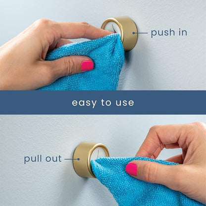 S&T INC. Adhesive Push Towel Hooks, 4 Pack, Brushed Gold | 2 Installation Options, Round Hooks for Kitchen, Bathroom, Garage and Home Use, Organization Hooks, Strong Grip