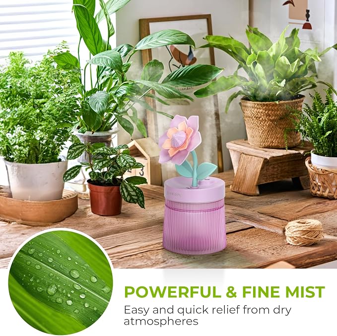 Cute Flower Mini Humidifier, Small Cool Mist Desk Humidifiers, Portable USB Personal Desktop Plant Humidifiers, Cooling for Home Office Car Travel Indoor Outdoor (260ml,Purple Gardenia)