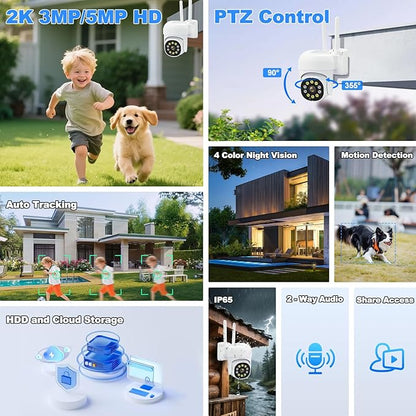 6-Cameras Wireless Outdoor Security System with 10CH NVR, 3MP HD Indoor CCTV AI Human Detection, 4 Night Vision, PTZ Control, 2-Way Audio, 1TB HDD, No Monthly Fee for Home Surveillance
