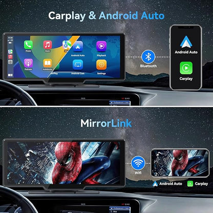 1080p Backup Camera with 10.26” Portable Carplay & Android Auto Touch Screen, Wireless Car Stereo, 4K Dash Cam, Bluetooth/GPS Navigation/Mirror Link/Voice Control/Loop Recording, 64GB TF Card Included