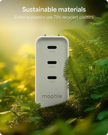 Mophie Speedport 140 GAN USB-C Charger Block - 140W Fast Wall Charger, 3× USB‑C PD Ports, Compact Foldable Prongs, Made with Recycled Materials, for Smartphones, Tablets, Headphones