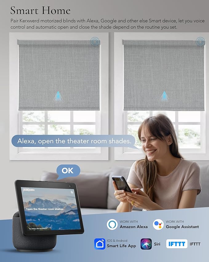 Motorized Blinds Compatible with Alexa Google 100% Blackout Smart Blind Automatic Window Roller Shades Remote Control Custom Size Double-Sided Fabric Light Gray