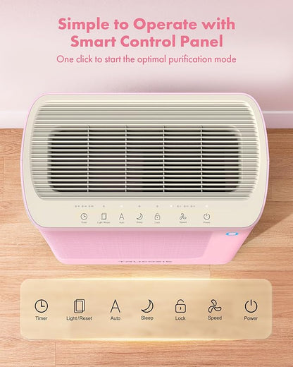T356 New Pink Air Purifier for Home Large Room Bedroom Up to 1937 Ft² in 1 Hr With Double-sided Air Inlet, Air Quality and Light Sensors, HEPA Sleep Mode for Allergies, Dust, Smoke, Pet Hair