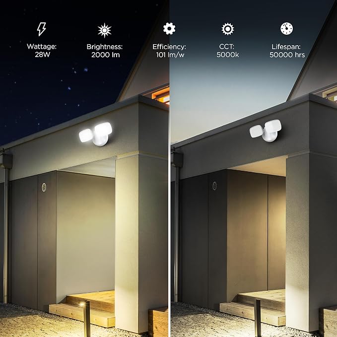 Feit Electric LED Security Light Outdoor, 28W LED Waterproof Flood Light, 2 Head, Wall Mount, Switch Operated, 2000 Lumens, 5000K Daylight, 50,000 Hour Lifespan, White, S9DFL/850/WH