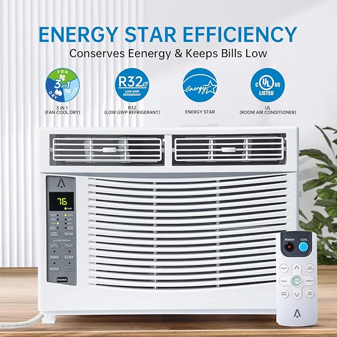 6000 BTU Window Air Conditioner, Smart WiFi AC Unit with Remote Control & Digital Display, Quiet Cooling for Small Rooms up to 250 Sq. Ft., Dehumidifier & Fan Modes, Easy Installation, White