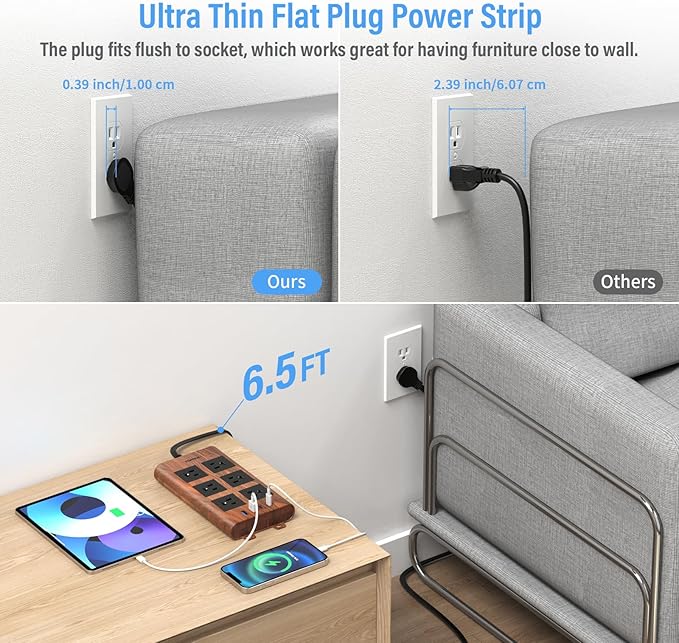 TOPREK Surge Protector Power Strip (2100J), 6 Widely-Spaced Outlets with 2 USB-C & 2 USB-A, 6.5 FT Extension Cord with Ultra-Thin Flat Plug, Wood Finish Power Strip with USB for Home, Office