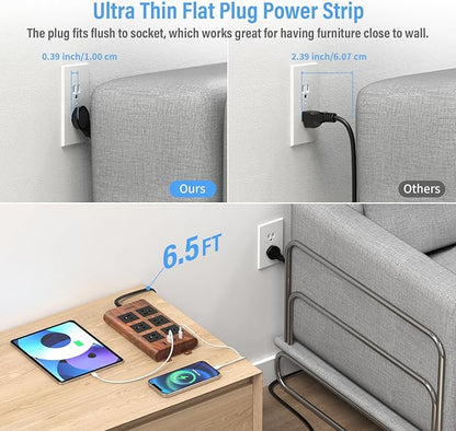 TOPREK Surge Protector Power Strip (2100J), 6 Widely-Spaced Outlets with 2 USB-C & 2 USB-A, 6.5 FT Extension Cord with Ultra-Thin Flat Plug, Wood Finish Power Strip with USB for Home, Office