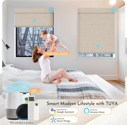 Persilux Smart Motorized Blinds with Remote, No Drill Automatic Roller Shades for Indoor Windows, Blackout Linen Fabric, Electric Blinds for Windows, Linen Beige C156BO-2, Custom Size